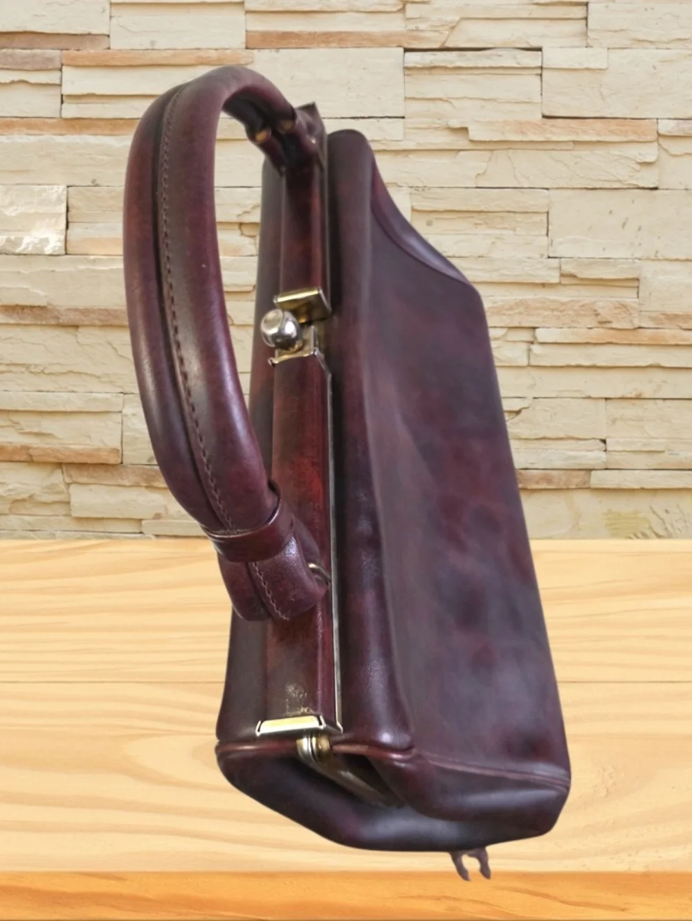 Vintage 1960s Doctor Bag Genuine Leather Frame Satchel Brown Structured Handle